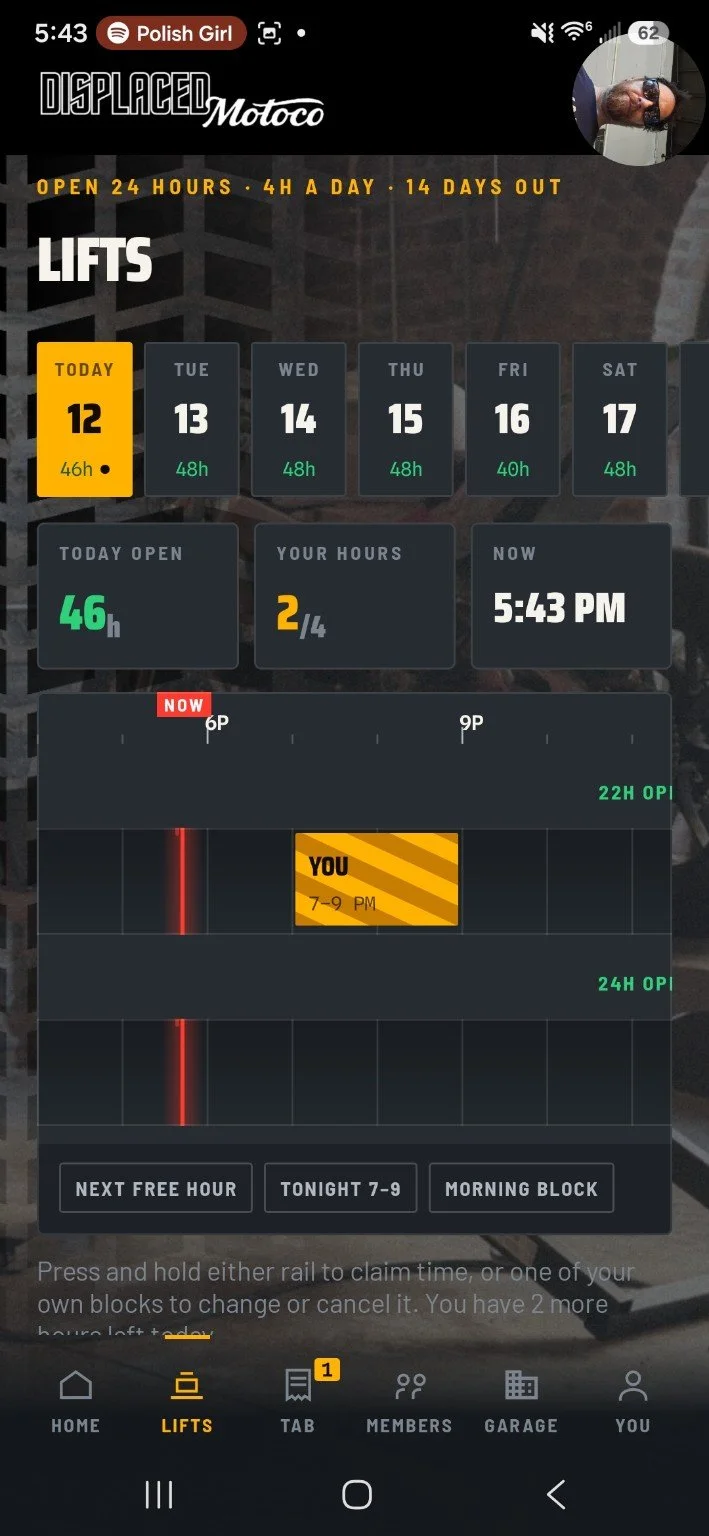 Displaced Motoco app showing lift availability and a reserved 7–9 PM session