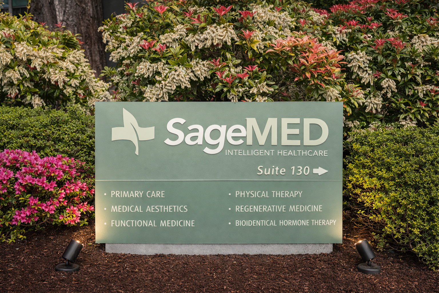 SageMED clinic exterior signage at Suite 130 in Bellevue, WA