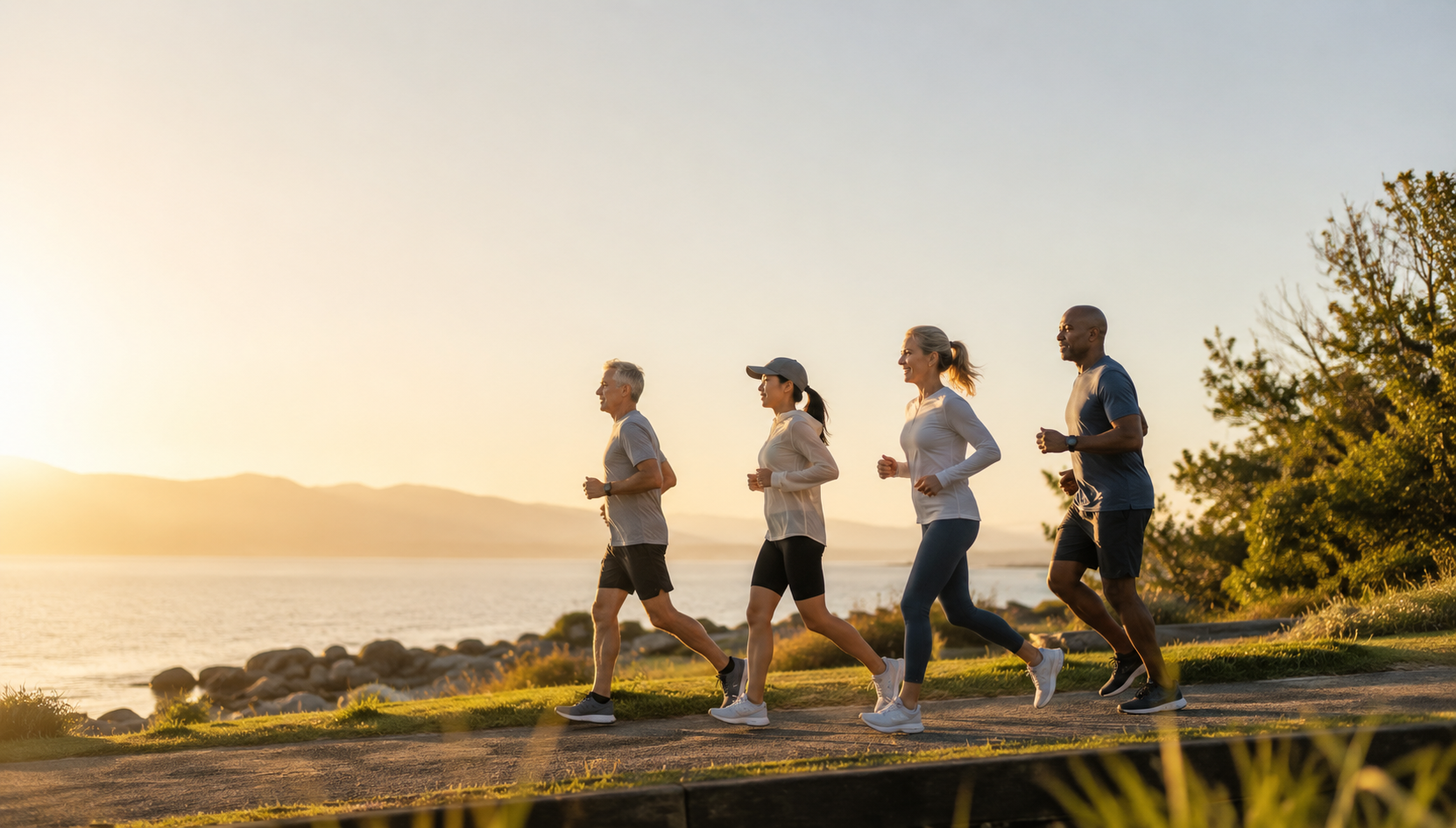 People jogging together along a coastal path at sunrise