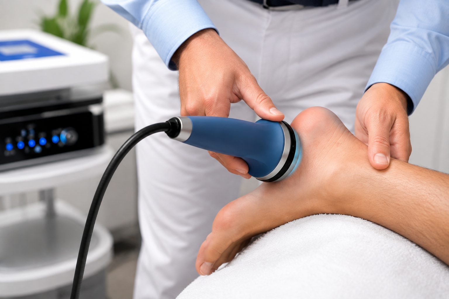 Provider applying Piezowave shockwave therapy to a patient's heel at SageMED