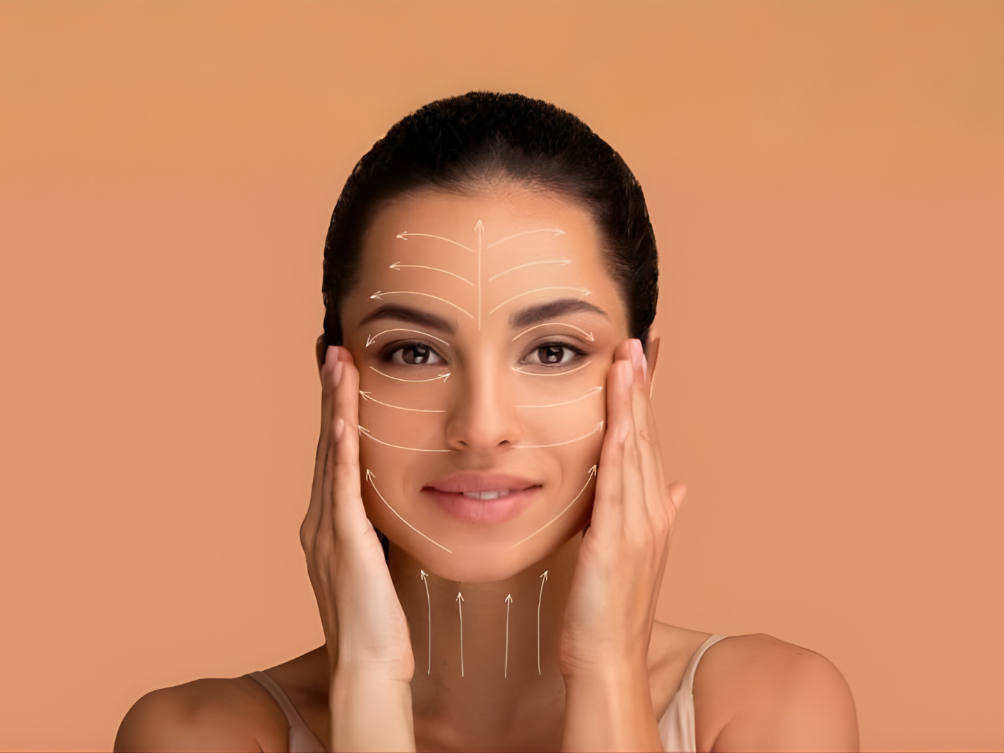 Woman with facial mapping lines illustrating PDO thread lift treatment for jawline tightening and non-surgical facelift