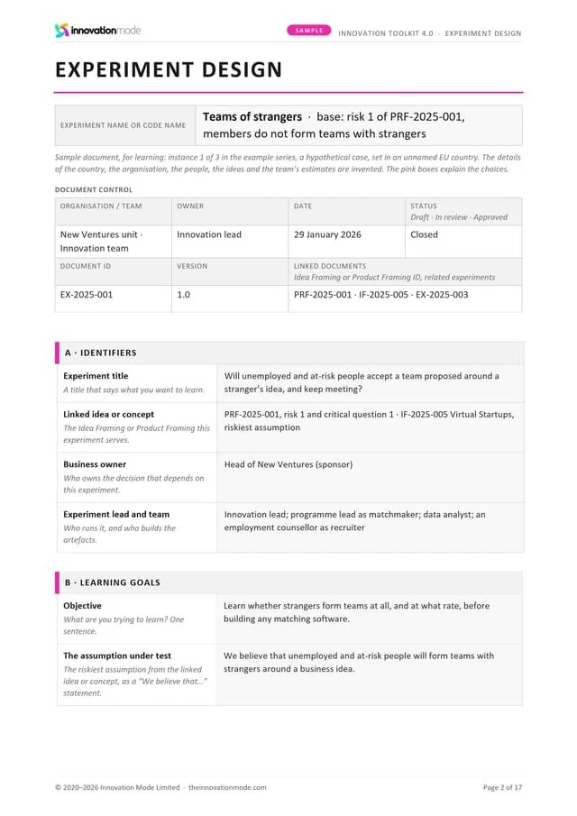 Sample Experiment Design, first page