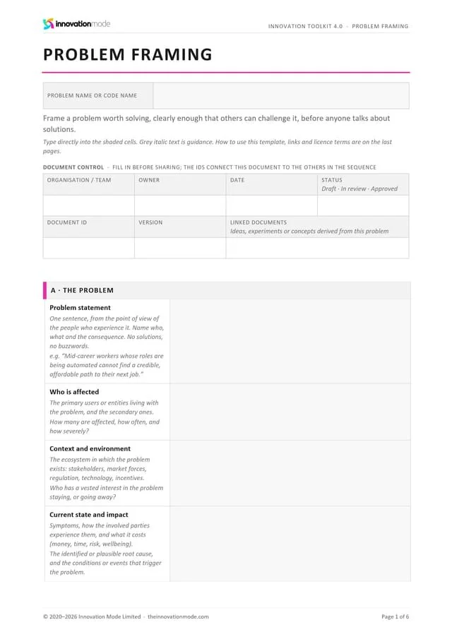 Problem Framing template from the Innovation Toolkit 4.0, first page