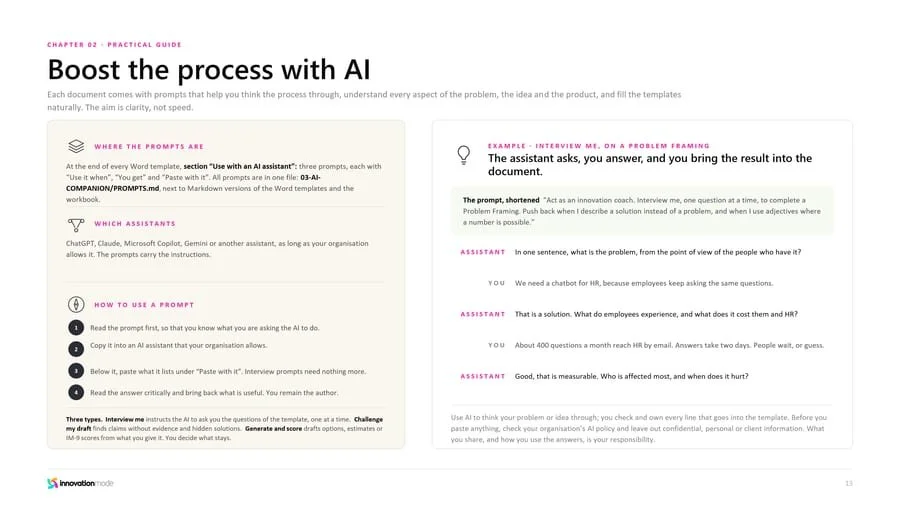 Guide slide: Boost the process with AI, prompts for each document