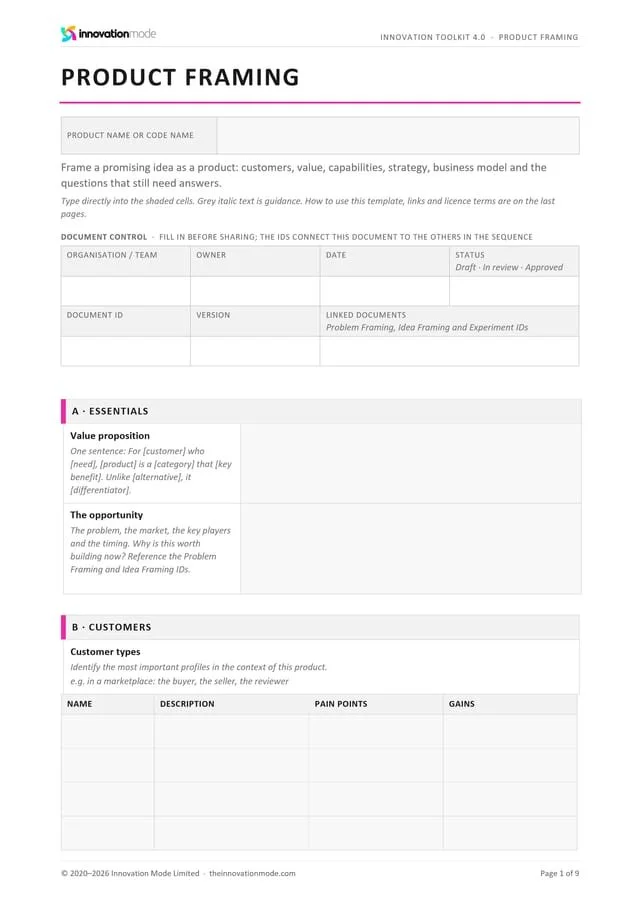 Product Framing template, first page