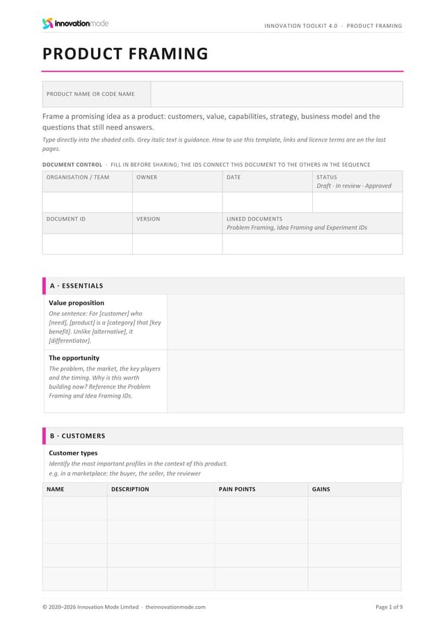 Product Framing template from the Innovation Toolkit 4.0, first page