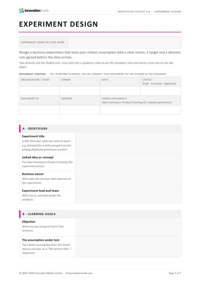 Experiment Design template, first page