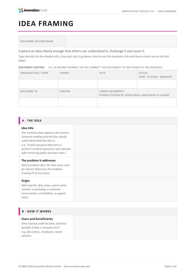Idea Framing template, first page