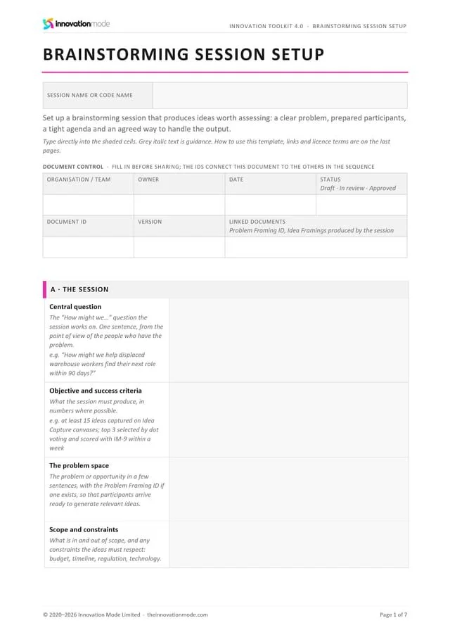 Brainstorming Session Setup template from the Innovation Toolkit 4.0, first page