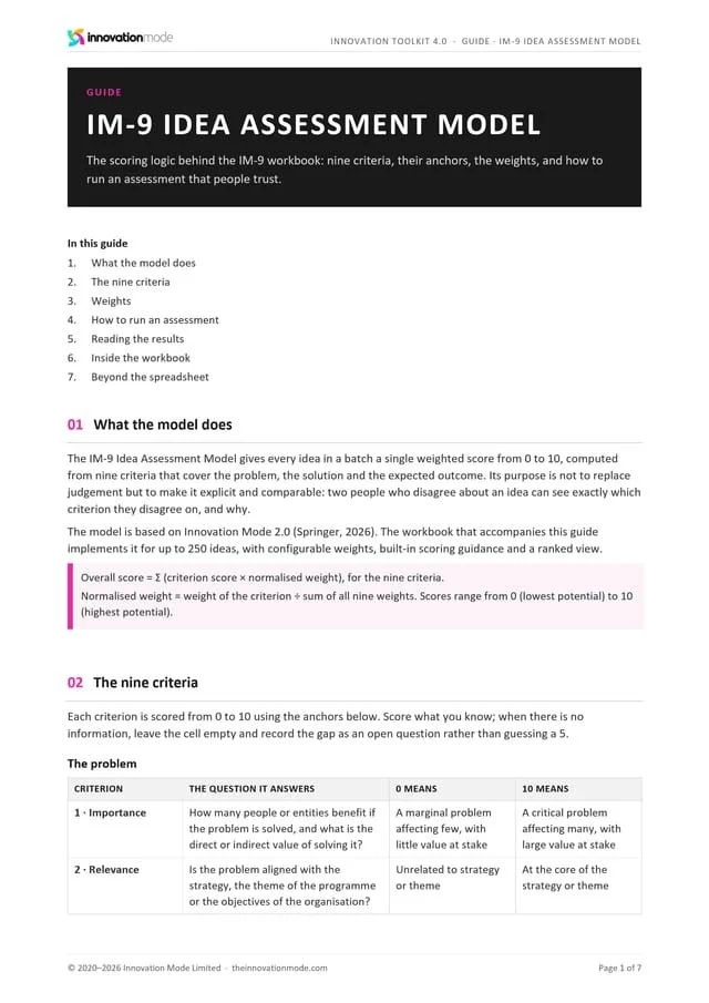 IM-9 Idea Assessment Model guide, first page