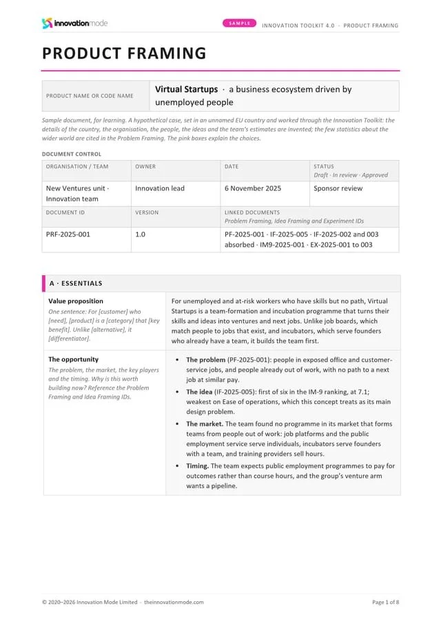 Sample Product Framing, first page