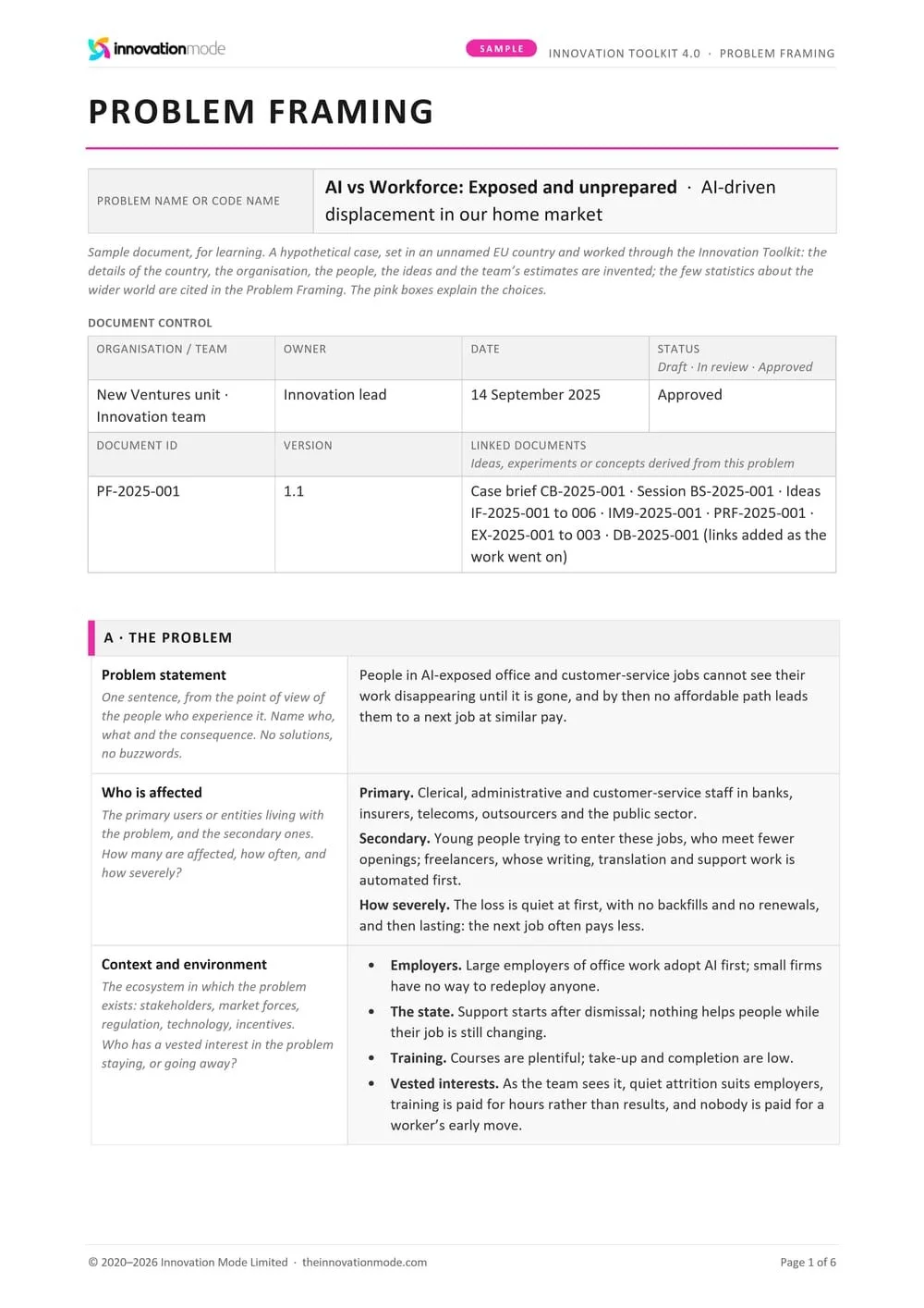 Sample Problem Framing, first page, with the SAMPLE badge: AI vs Workforce, Exposed and unprepared