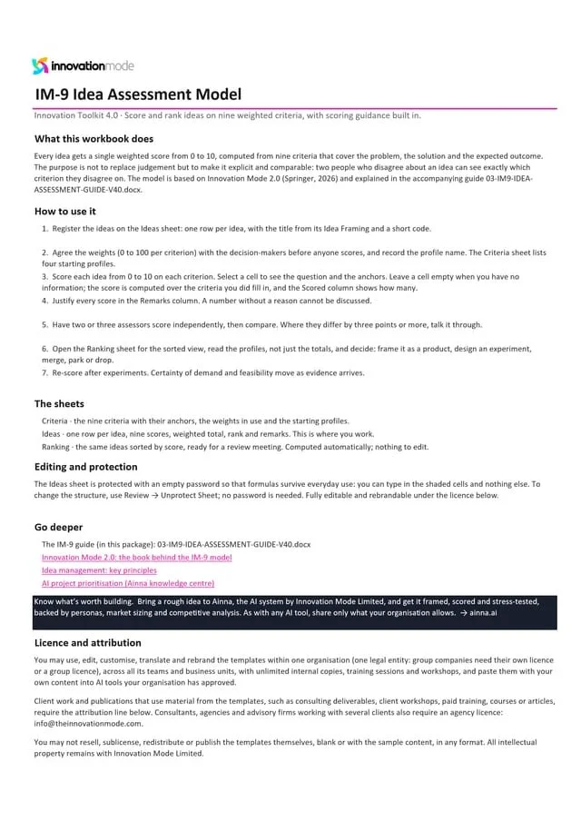 IM-9 Idea Assessment workbook, the Read me sheet