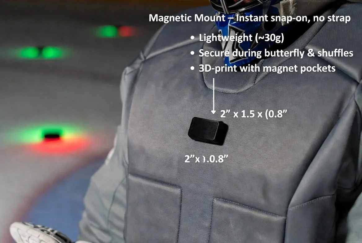 Close-up of magnetic IMU sensor mounted on goalie chest protector