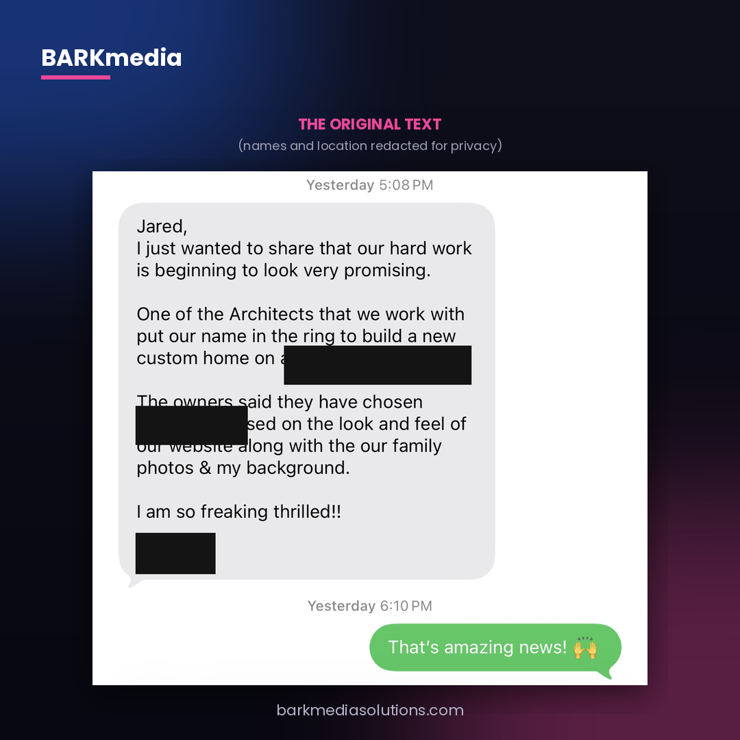 The original text message — names and location redacted for privacy