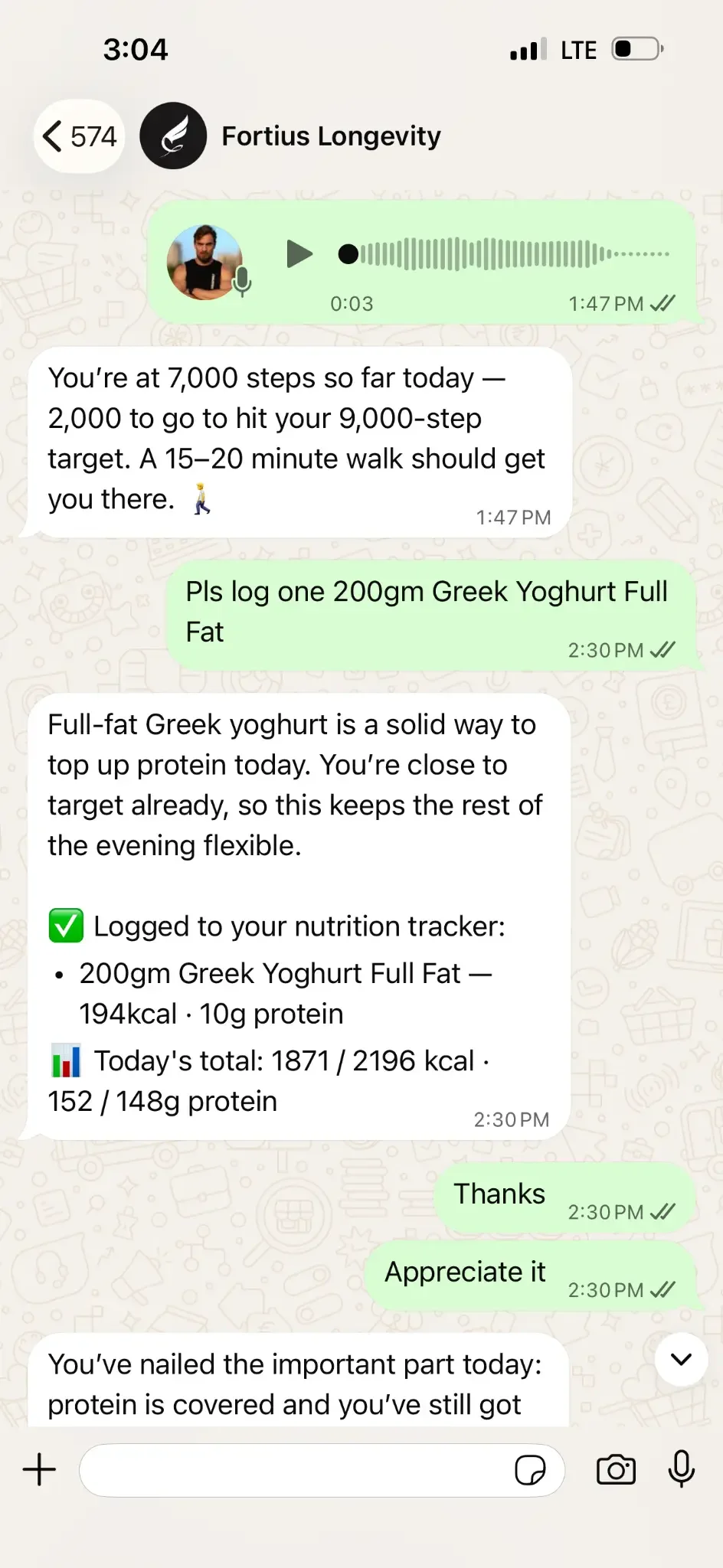 Fortius coaching conversation in WhatsApp