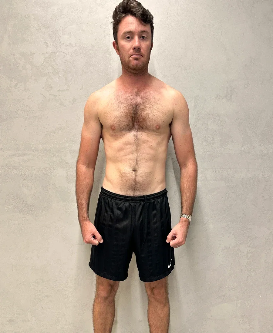 Nick M. after body transformation Dubai — front view, 81.5kg