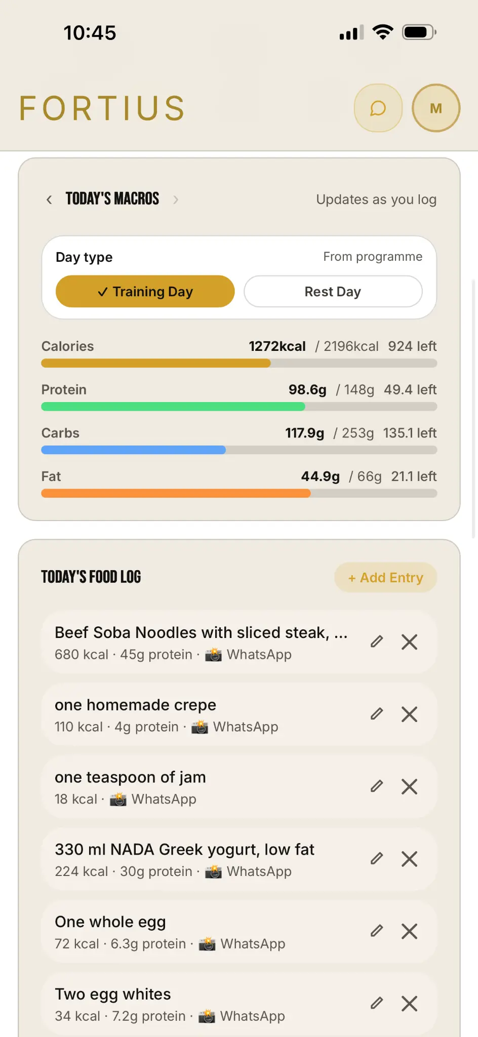 Fortius Longevity Food Logging Web Dashboard