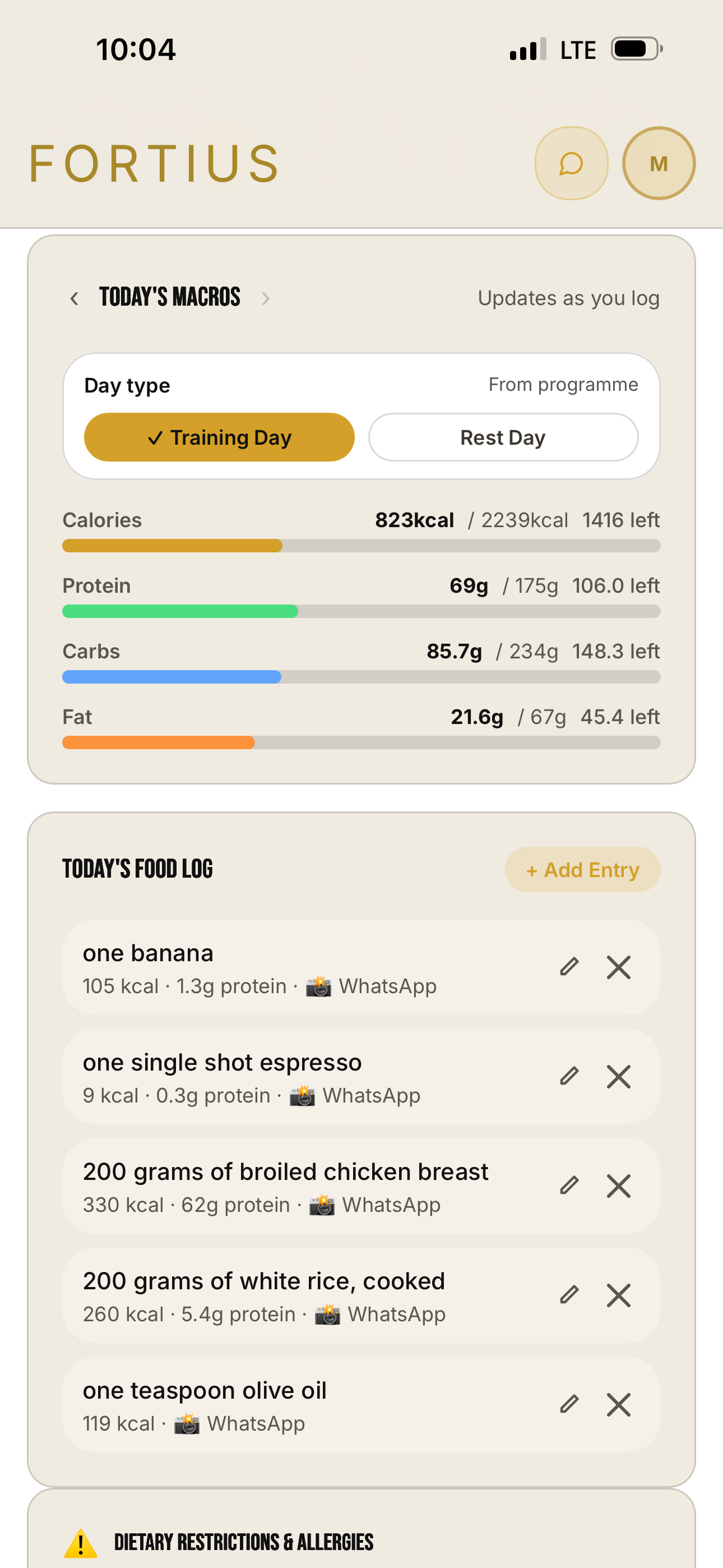Fortius dashboard showing calories and macros