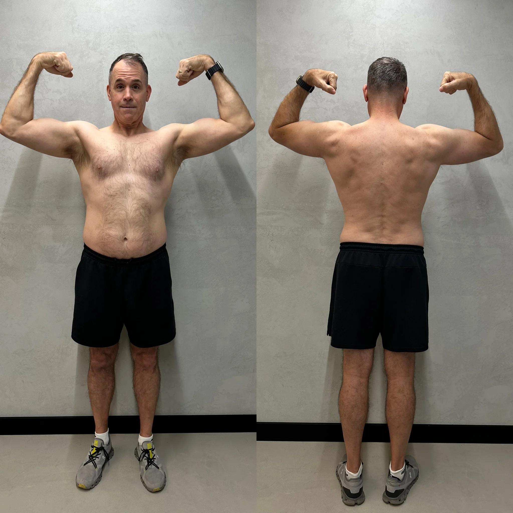 Charlie double biceps pose — front and back