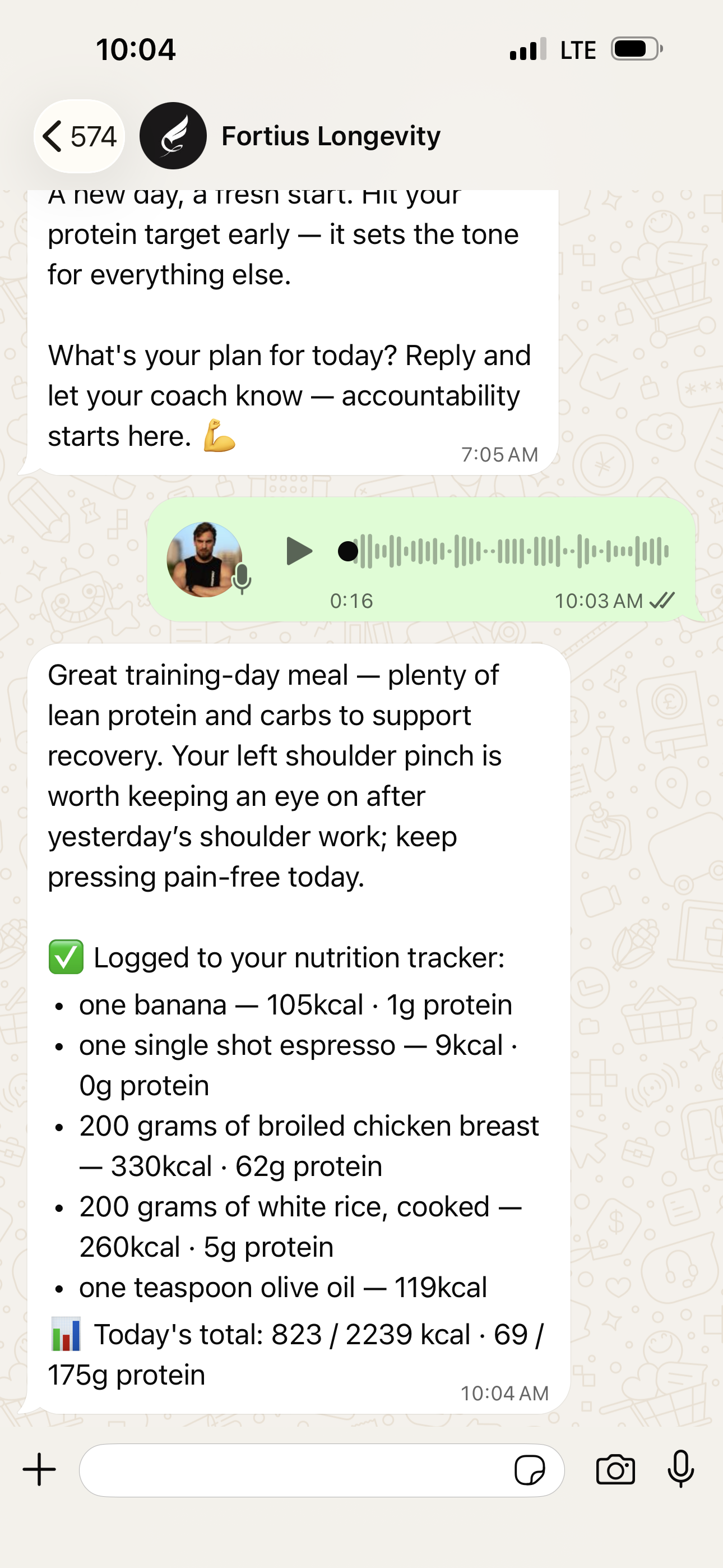 Fortius WhatsApp voice note logging interface