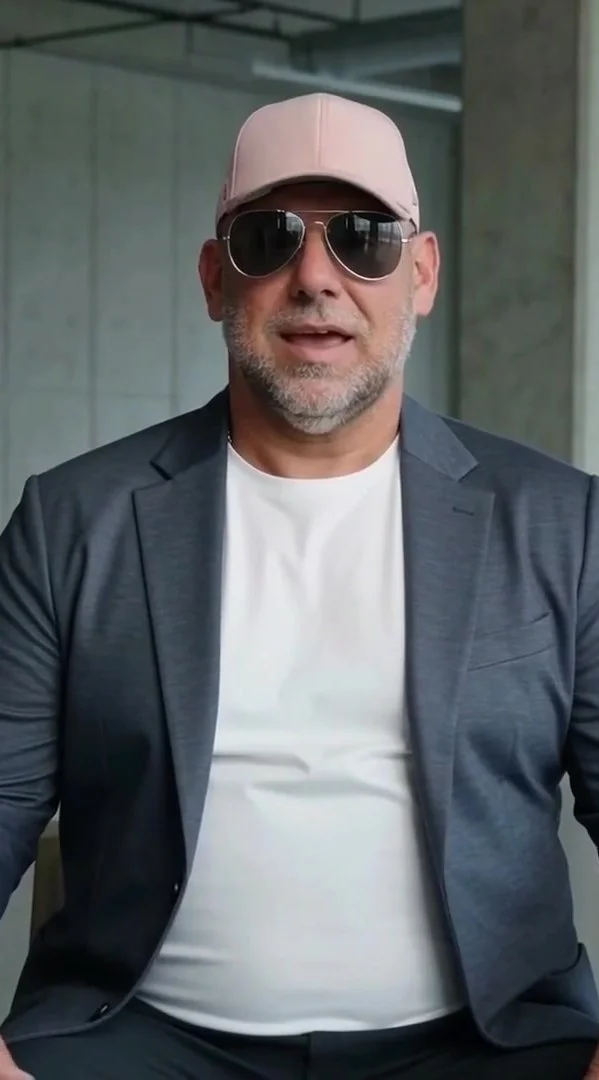 Michael Geist, owner of Michael Geist's Yard Works, in a gray blazer, pink cap and sunglasses