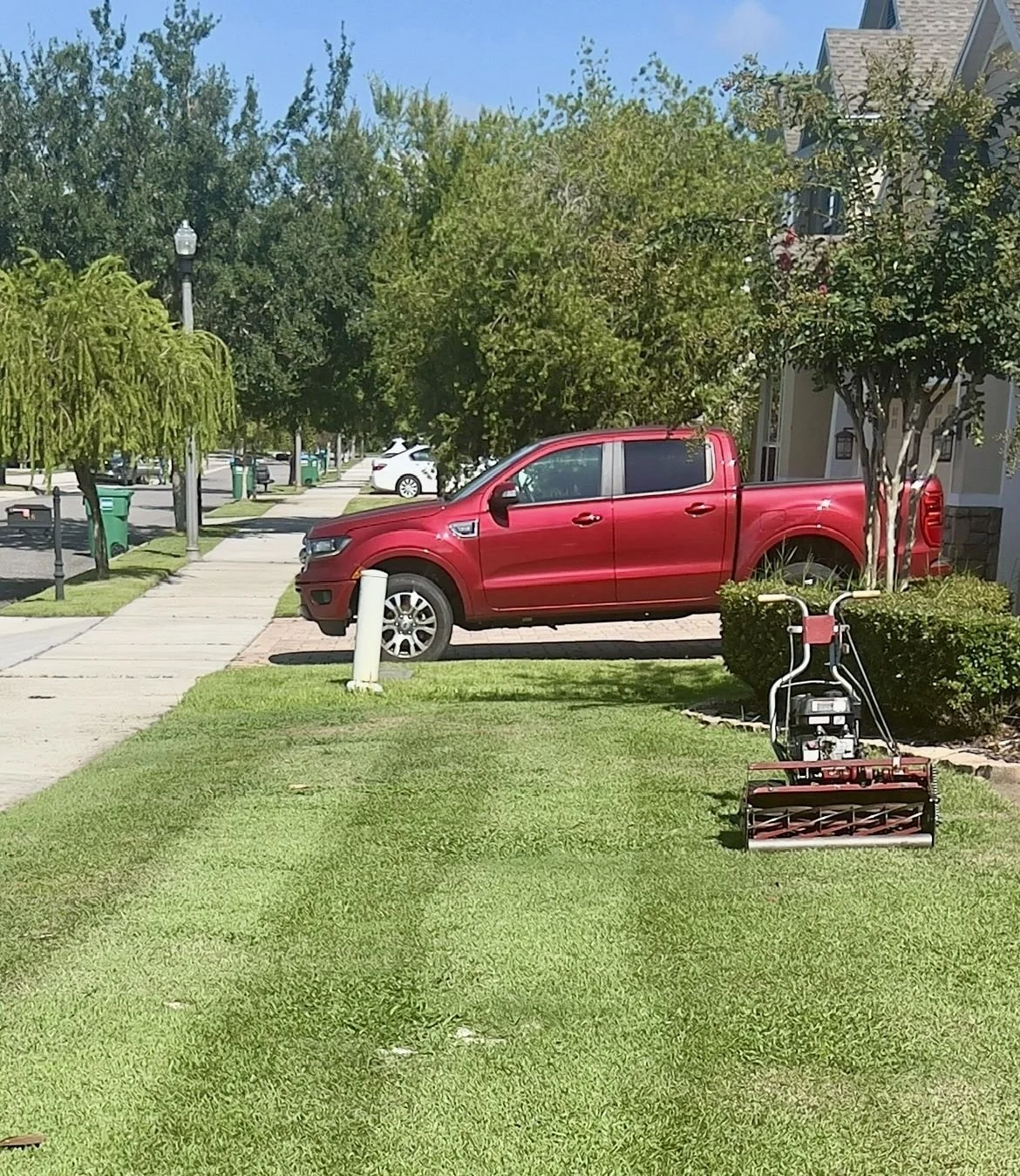 Zoysia reel mowing action shot on residential estate in Oviedo 32765 by Michael Geist's Yard Works