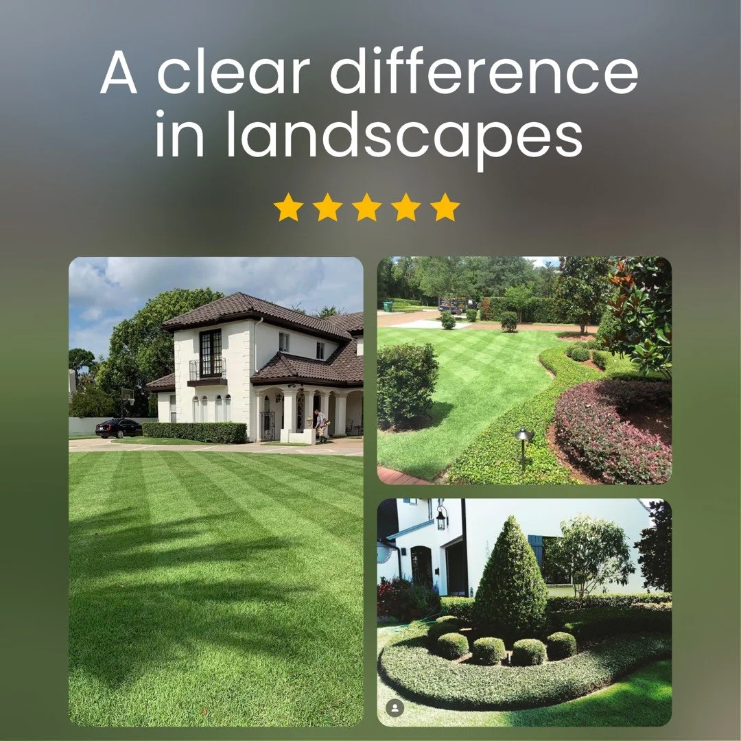 Collage of Yard Works projects showcasing lawn stripes and landscaping