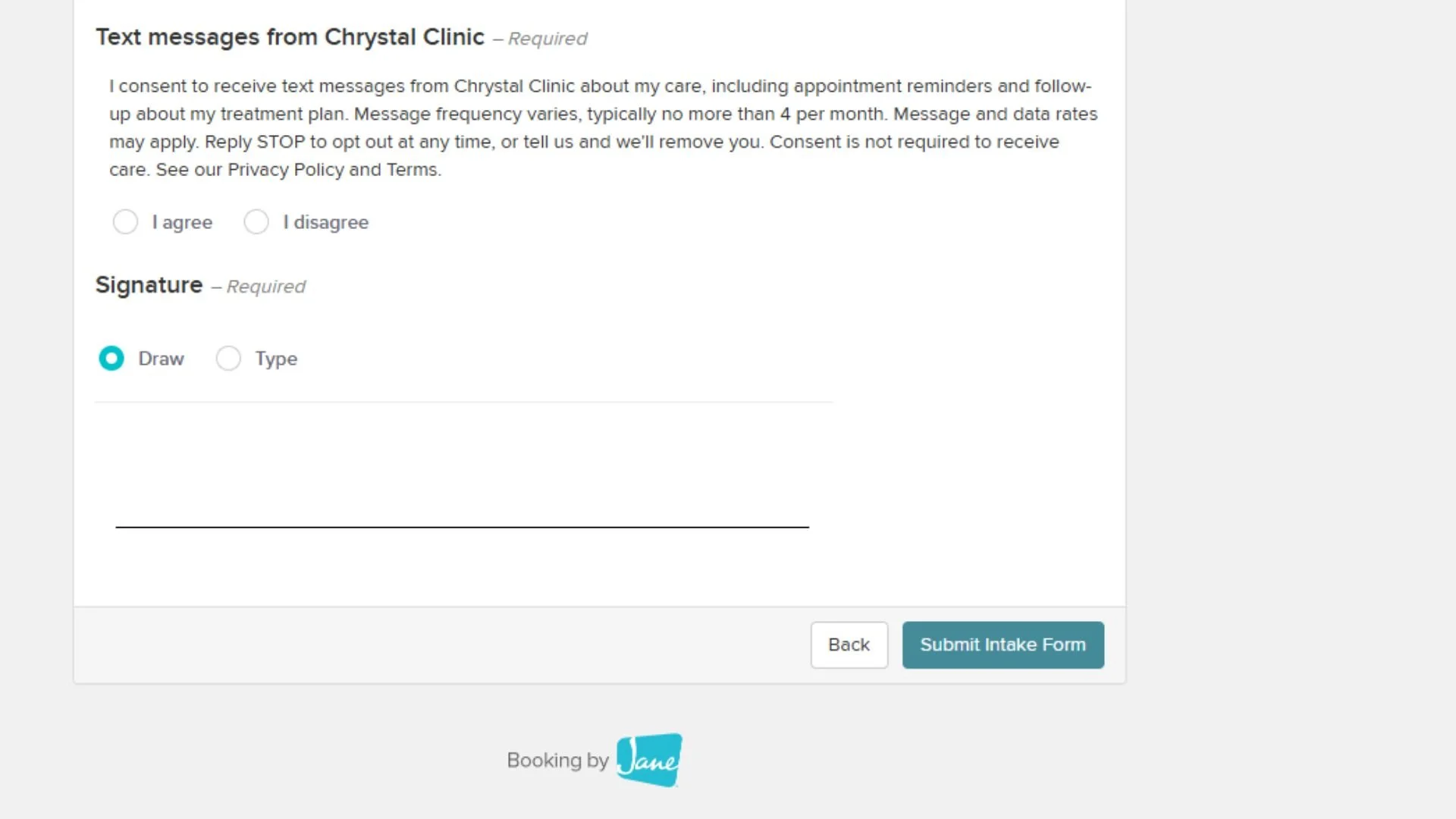 Screenshot of the text messaging consent block on the Chrystal Clinic intake form, showing the consent language with I agree and I disagree options, neither pre-selected.