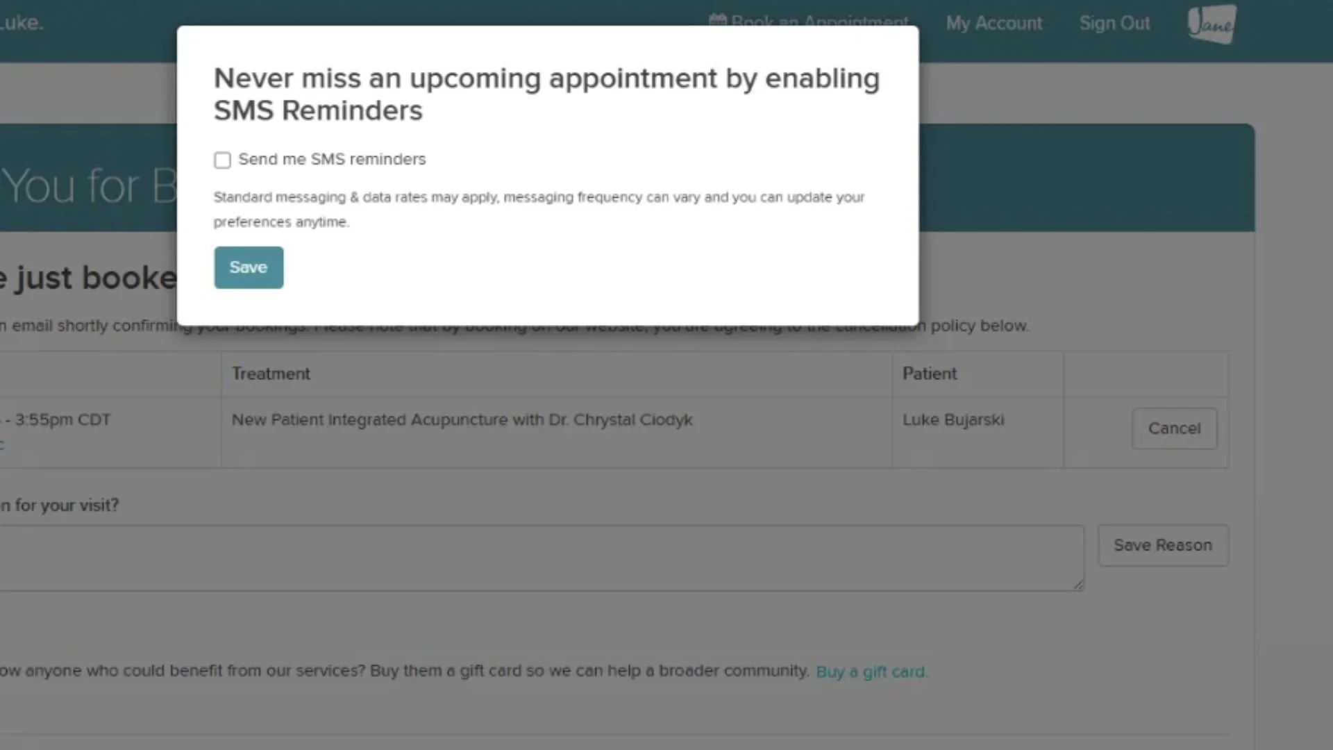 Screenshot of the SMS reminder opt-in shown after booking at Chrystal Clinic, with an unchecked consent box and rate and frequency disclosures.
