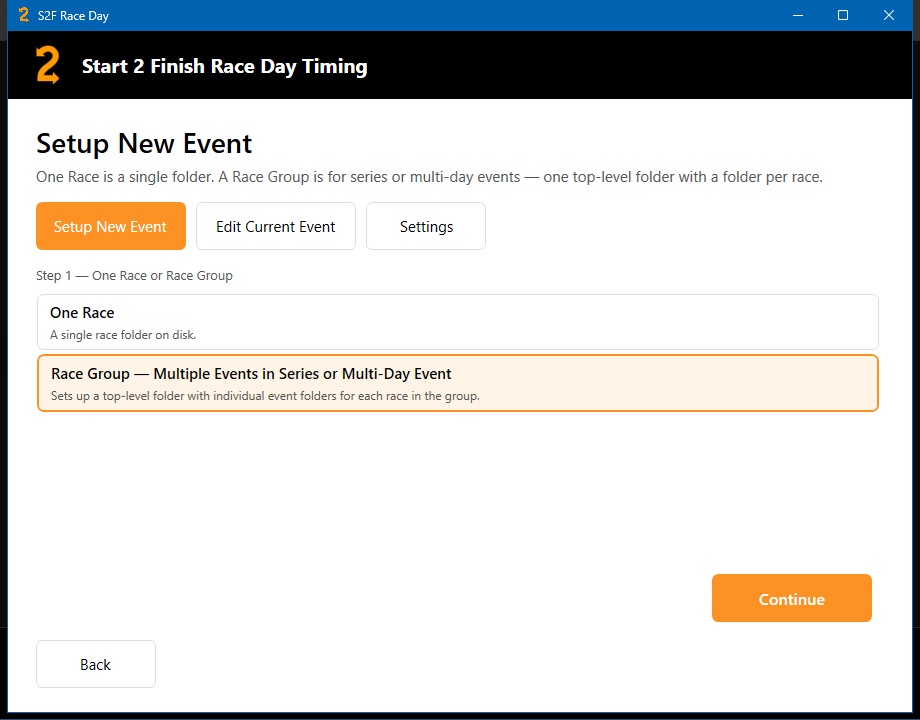 Race Group option selected in Setup New Event