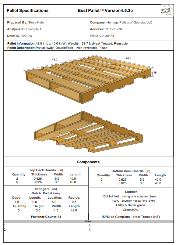 Sample custom pallet specification sheet showing dimensions, deck board and stringer components, lumber grade, and ISPM-15 compliance from Heritage Pallets