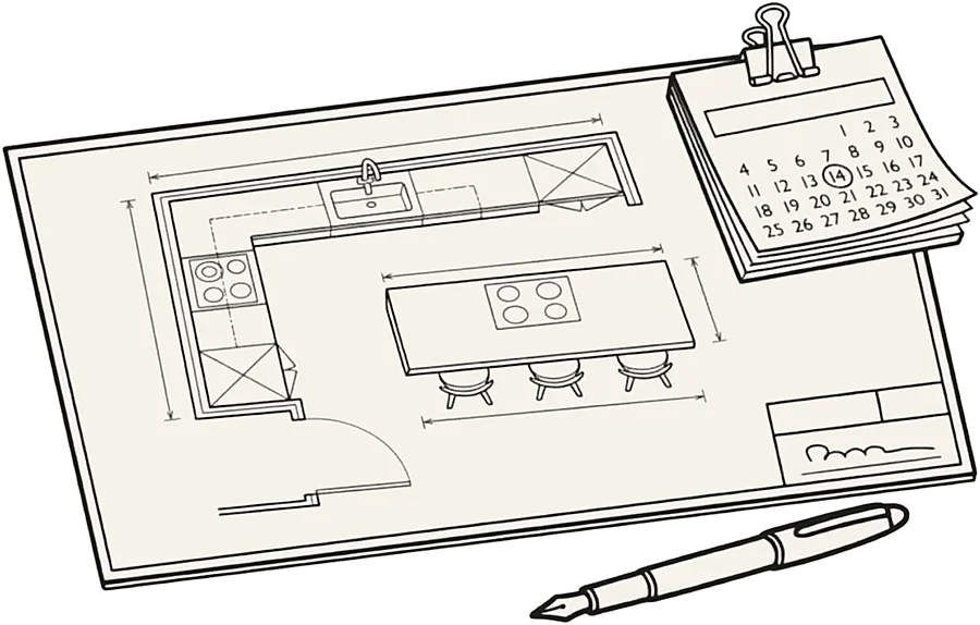 Kitchen floor plan drawing with a calendar clipped to it and a fountain pen