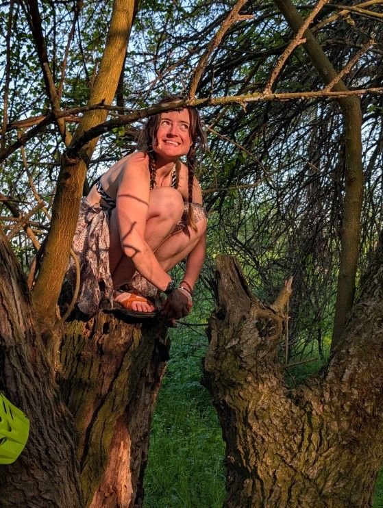 Skizzi perched in the crook of a large tree at golden hour, smiling