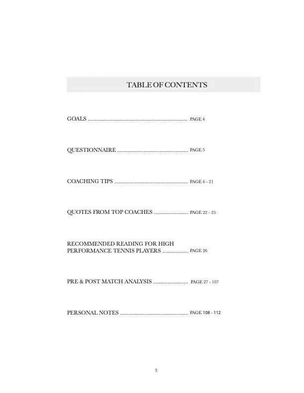 Table of Contents page from the Aubone Tennis Match Journal