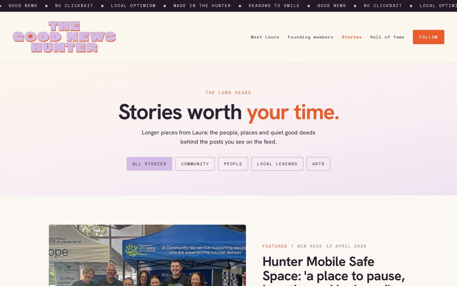 The Stories page, with long reads filtered by topic