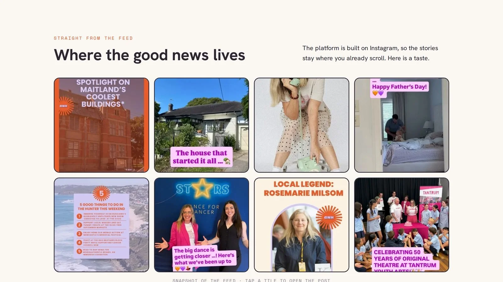 The Instagram feed section on The Good News Hunter homepage