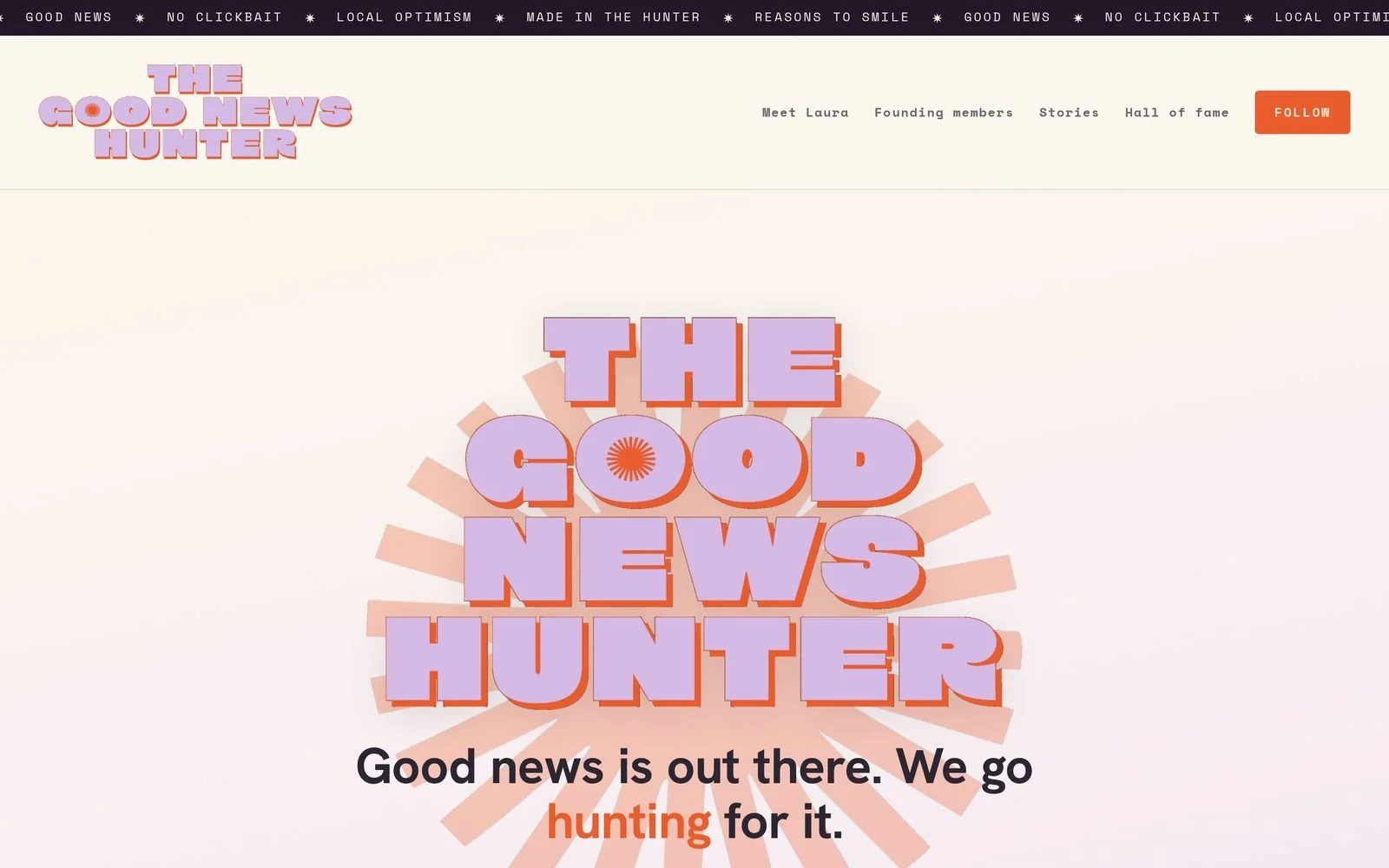 The Good News Hunter homepage after the redesign by Fallon Digital, with the wordmark on a soft sunrise
