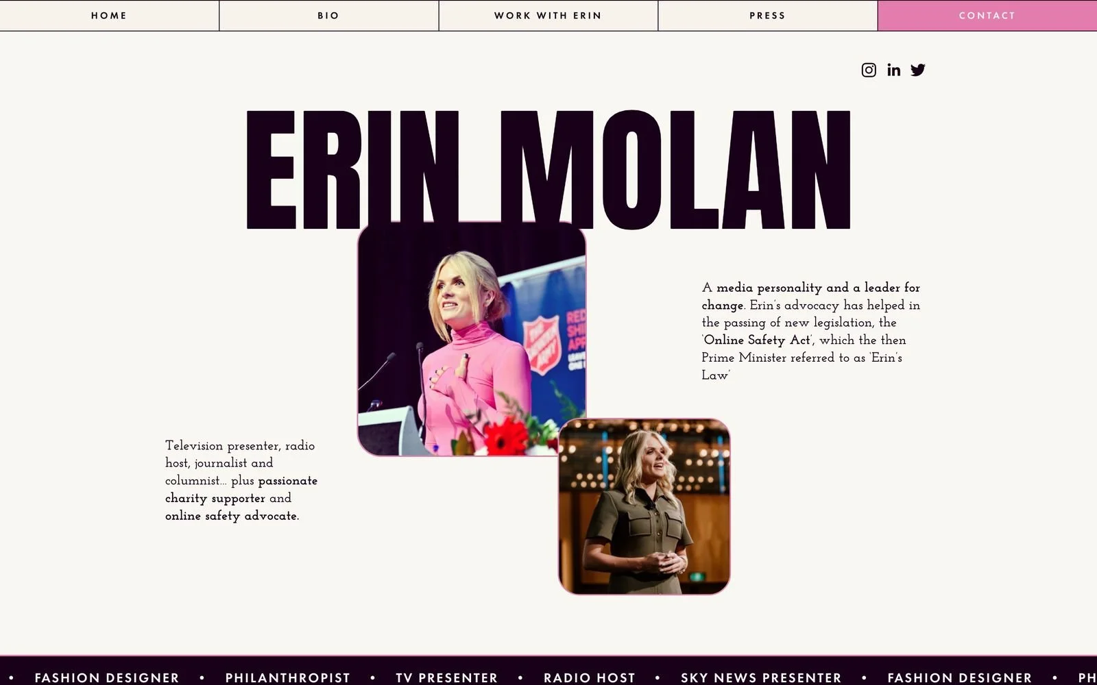 Erin Molan's website after the 2022 redesign by Fallon Digital, with her name as a masthead