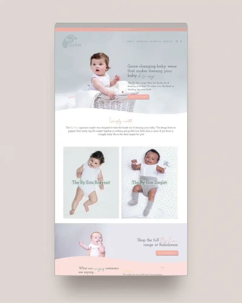 The By Erin baby wear website scrolling from top to bottom, designed by Fallon Digital