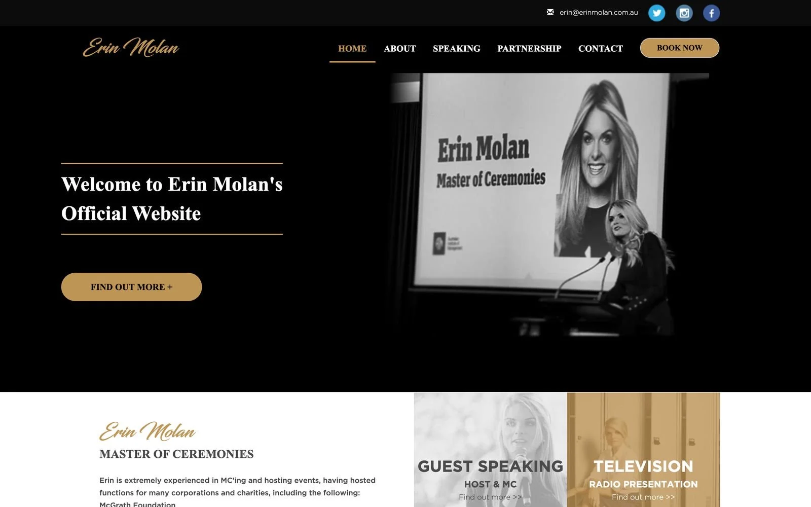 Erin Molan's previous website, a black and gold template