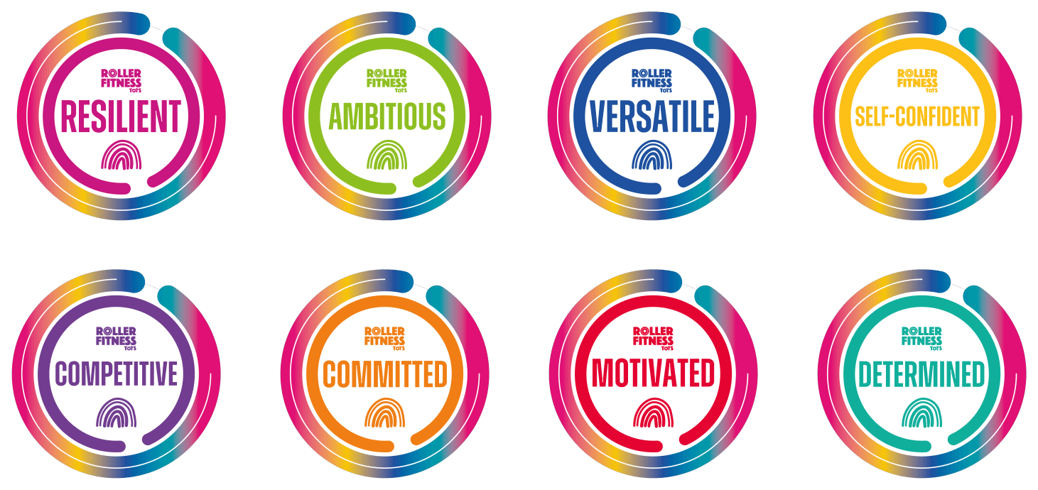 RollerTots Rainbow Wheel Awards — Resilient, Determined, Committed, Versatile, Motivated, Competitive, Self-Confidence and Ambitious