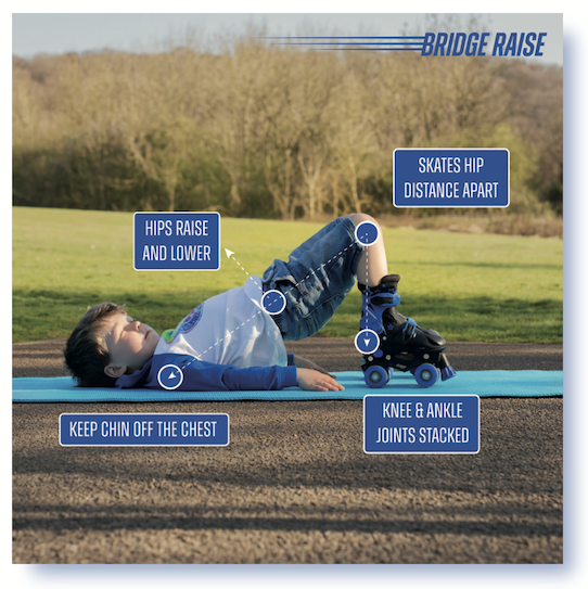 Bridge Raise exercise demonstration — toddler lying on back raising hips with skates on