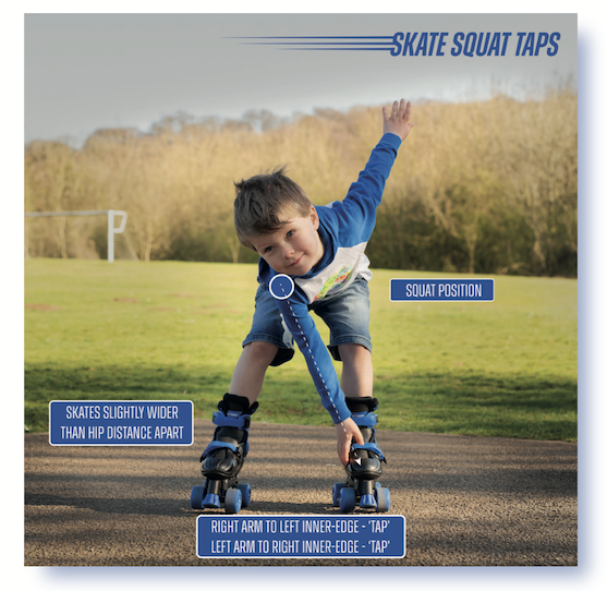 Skate Squat Taps exercise demonstration — toddler in roller skates touching their skates