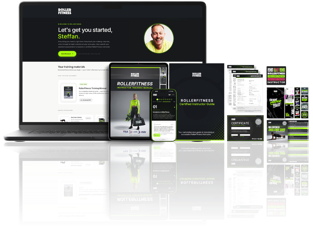 RollerFitness Instructor Certification training manual on iPad Pro