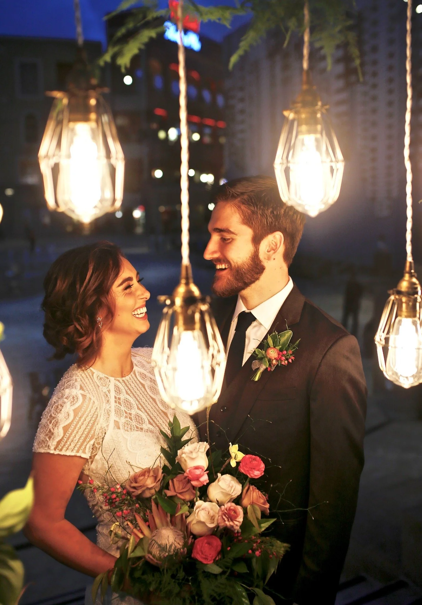 Edison market lights at downtown San Diego wedding reception