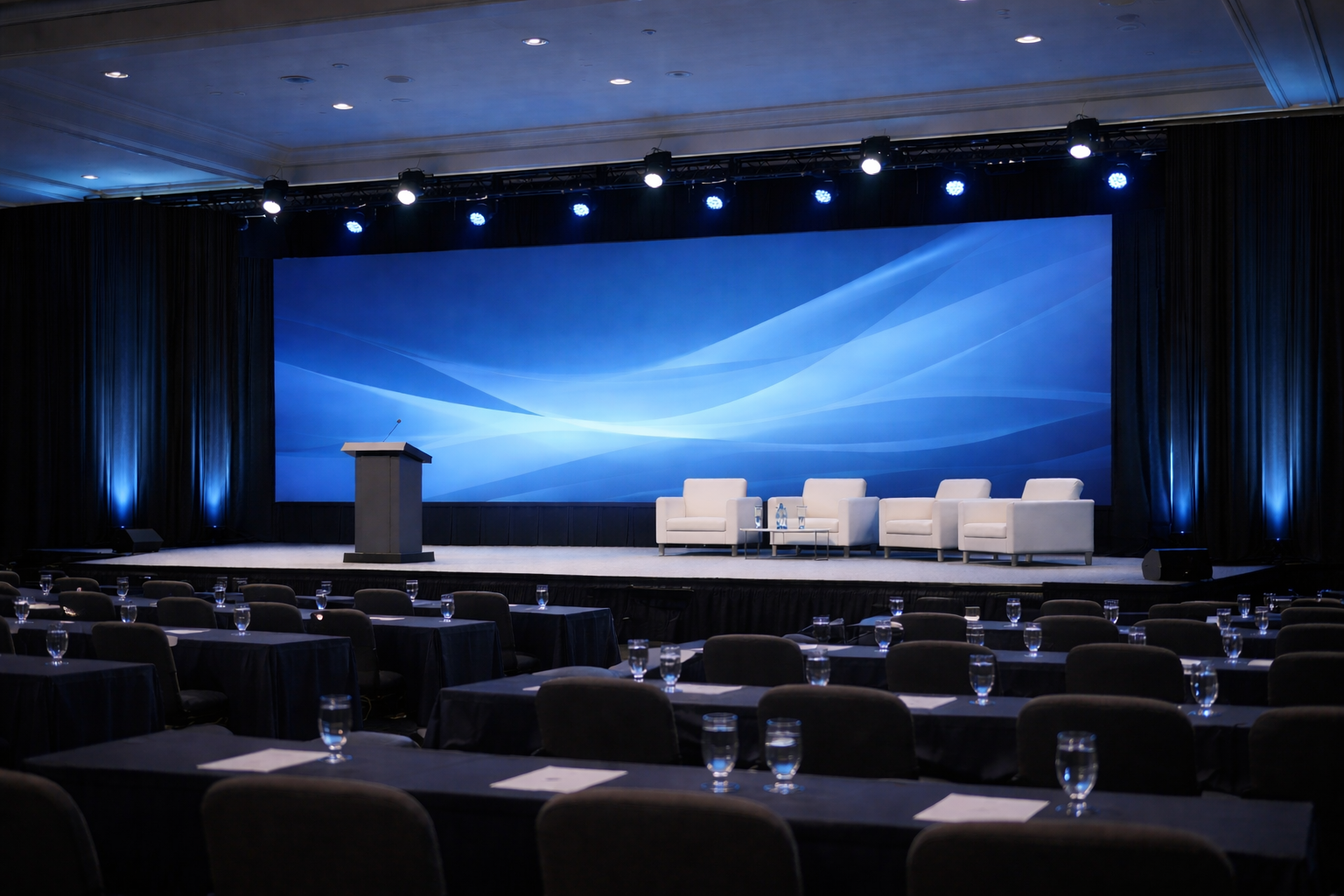 Corporate stage with truss-mounted lighting and LED screen