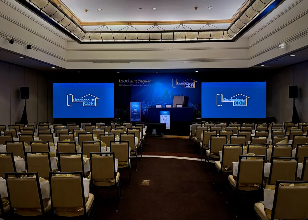 Gala event stage with dramatic production lighting