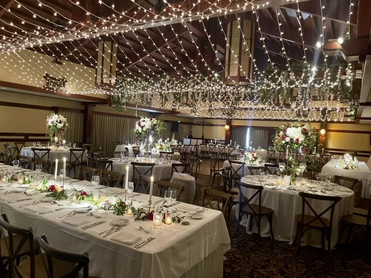 Twinkle-light ceiling above the head table at The Lodge at Torrey Pines wedding reception