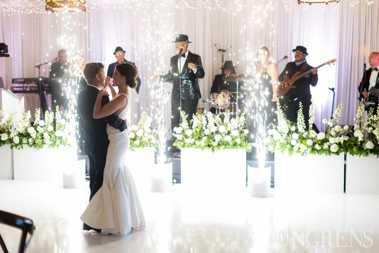 Cold sparklers behind the live-band stage during the first dance at The Lodge at Torrey Pines